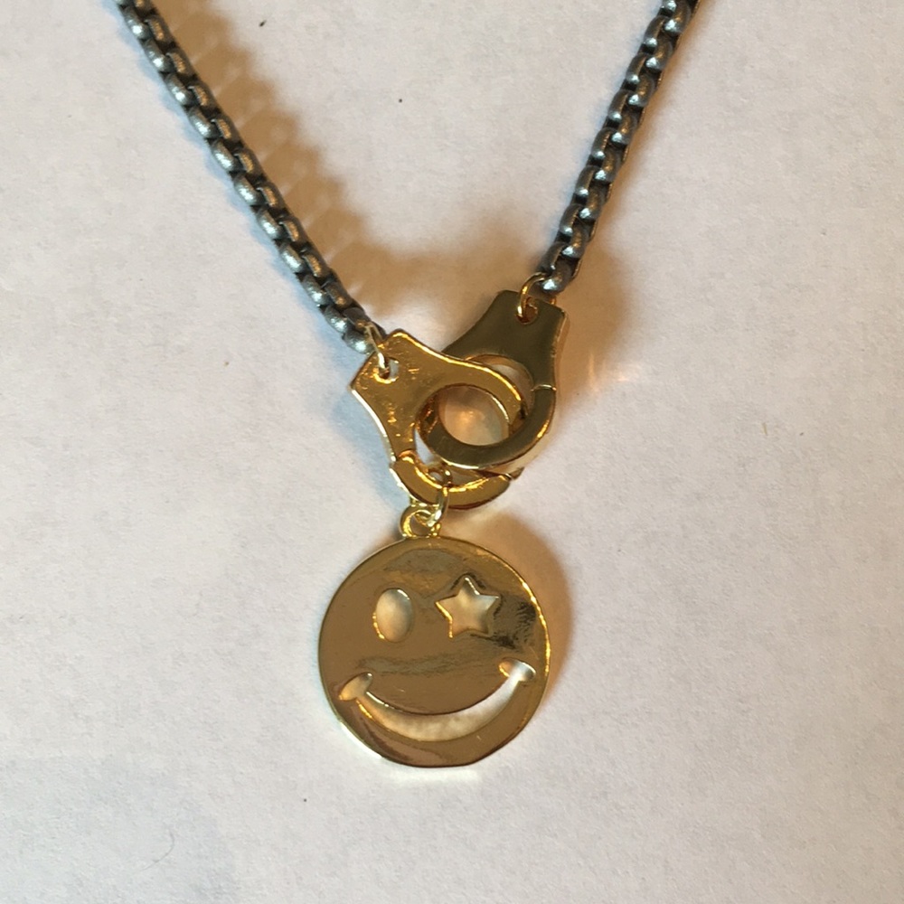 Gray box chain necklace with gold smiley charm